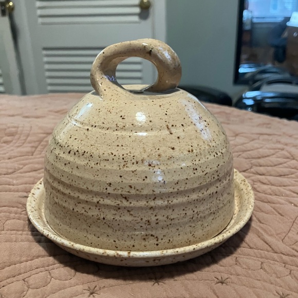 Vintage Handmade Pottery Speckled Stoneware Butter Dish...